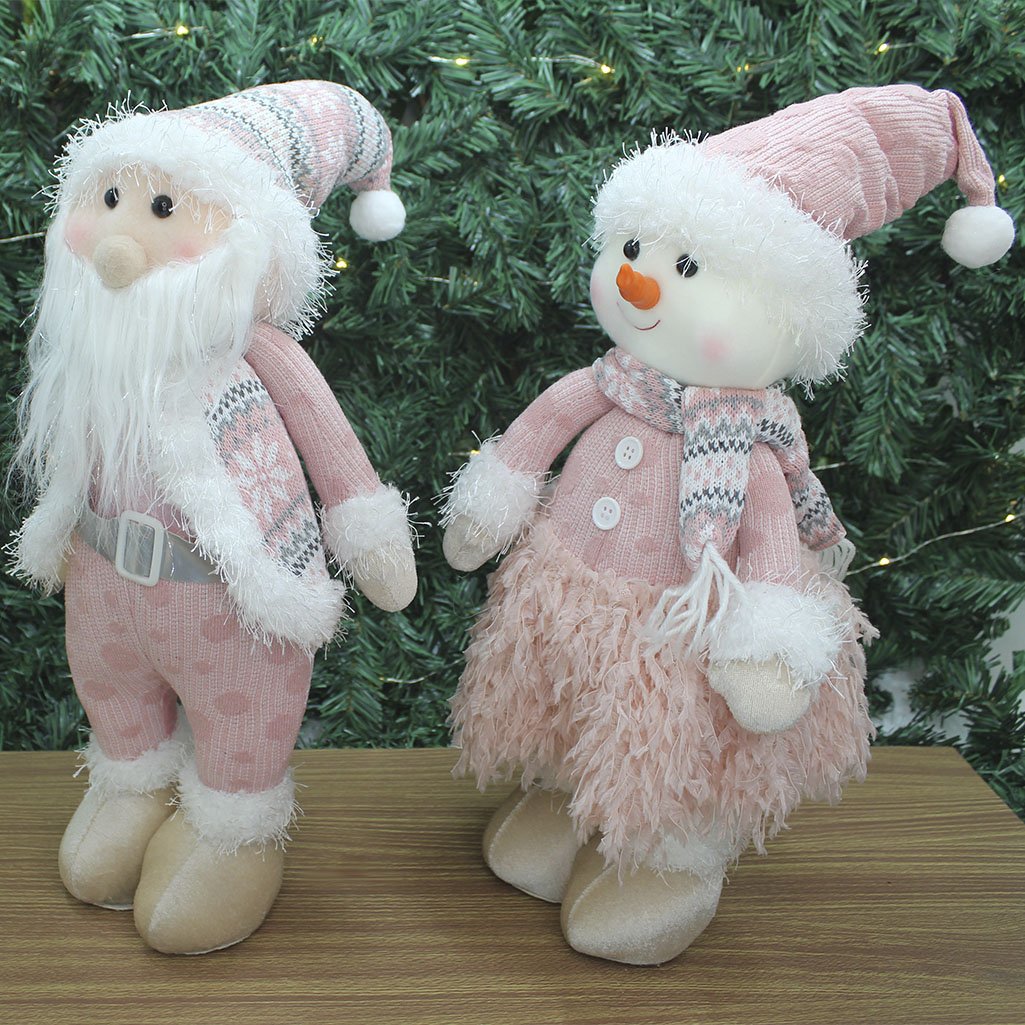 Dupla Boneco Natalino Papai Noel e Boneco De Neve Rosa