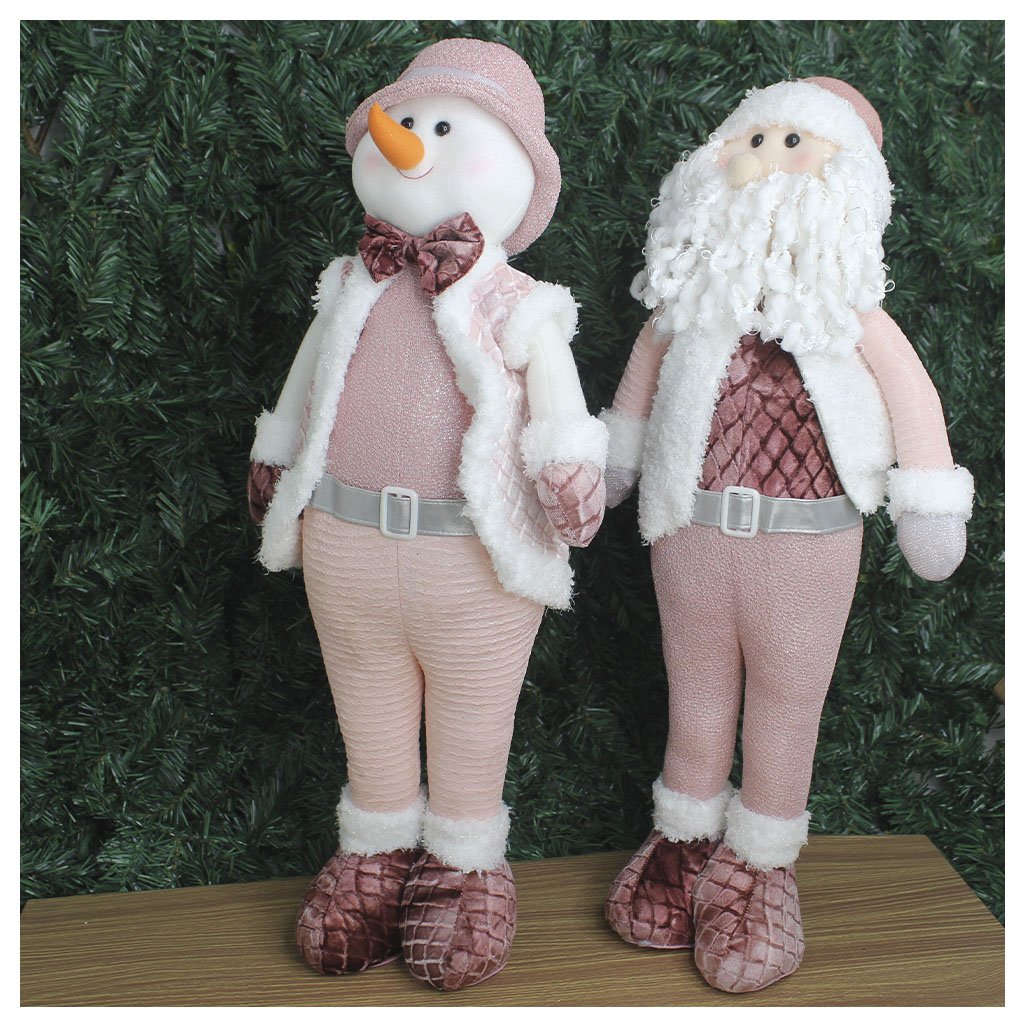 Dupla Boneco Natalino Papai Noel e Boneco De Neve Rosa