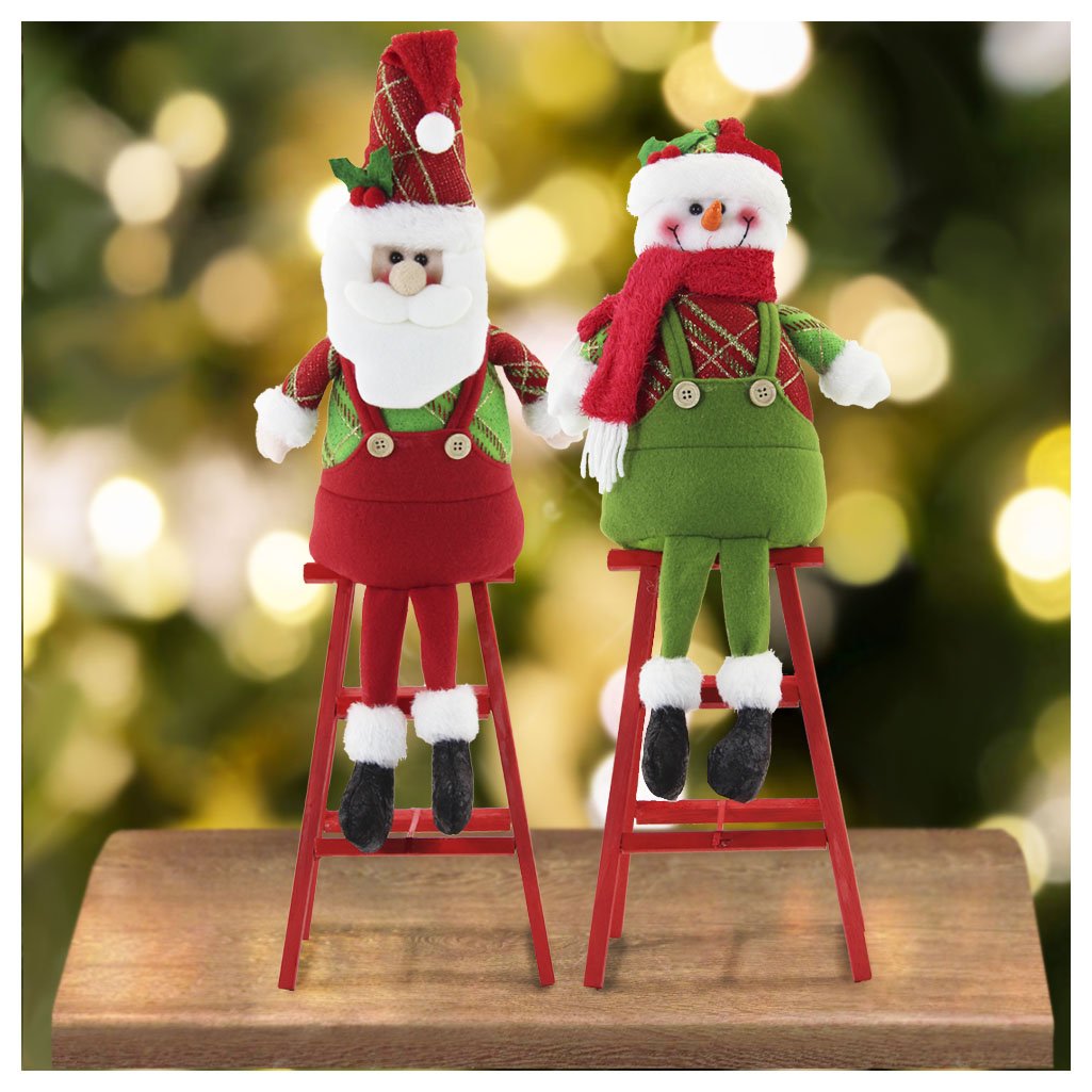 Dupla Boneco de Neve Papai Noel Decoração Natal Escada