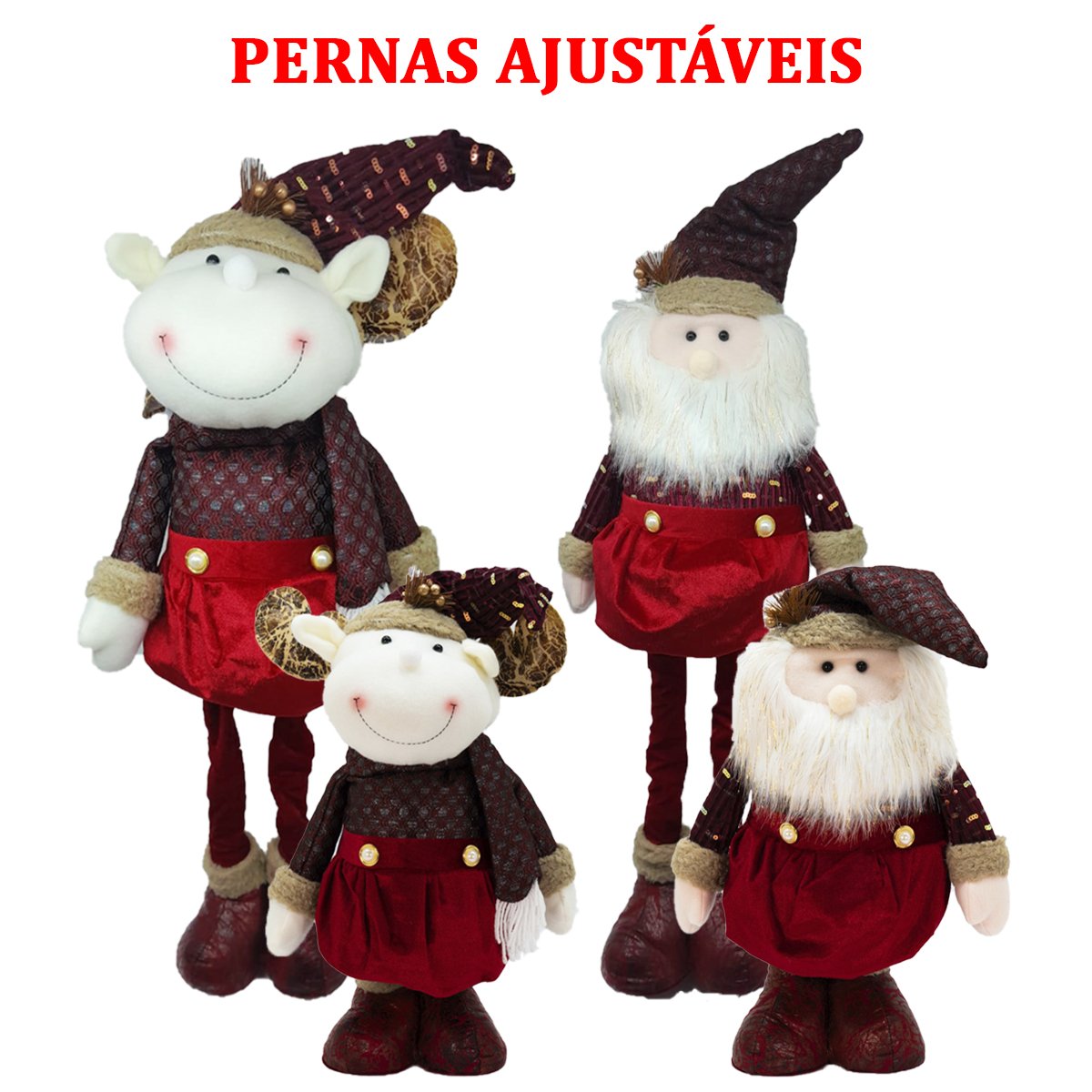 Dupla Bonecos Natalino Rena E Papai Noel Pernas Ajustáveis 80cm