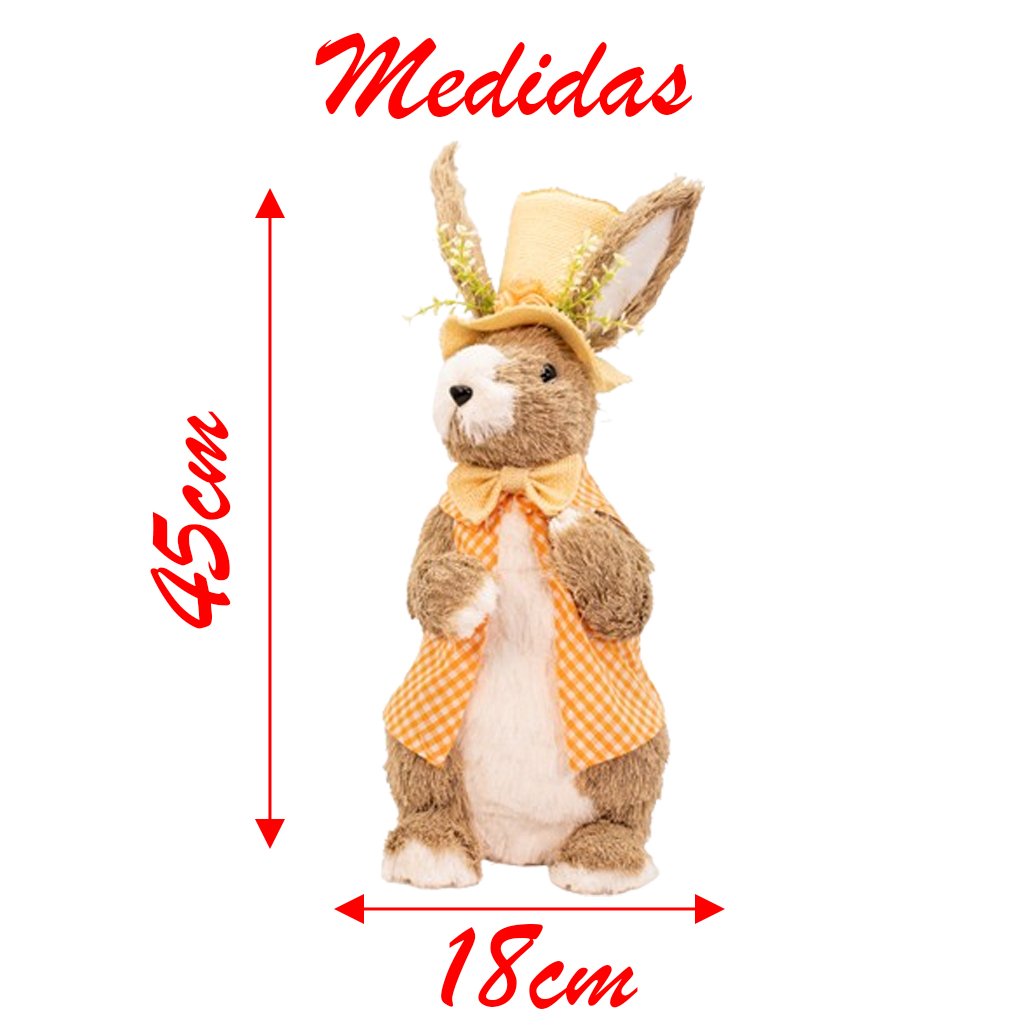 Dupla Coelho de Páscoa Com Chapéu e Flores Laranja Decoração