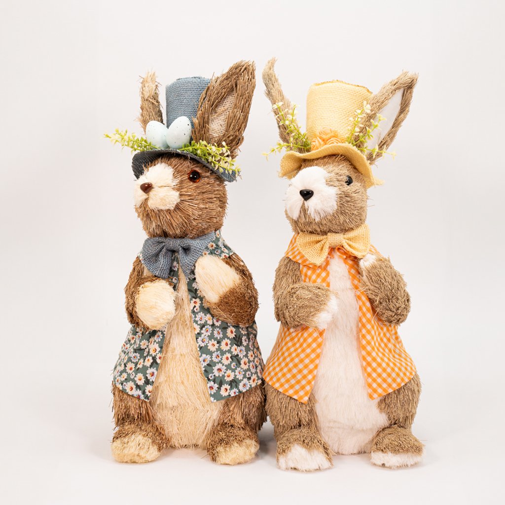 Dupla de Coelhos de Páscoa Coelhinhos com Flores Enfeite 46cm