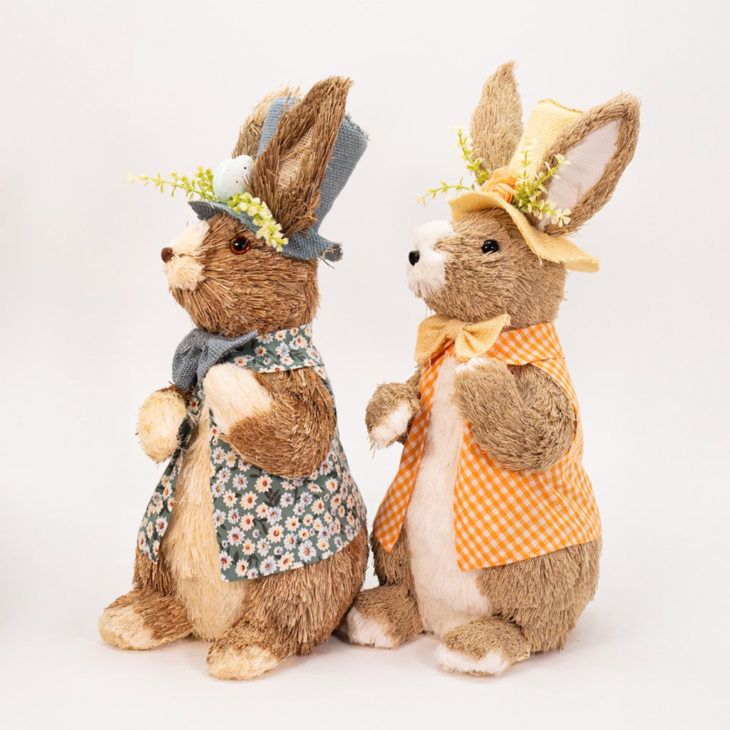 Dupla de Coelhos de Páscoa Coelhinhos com Flores Enfeite 46cm