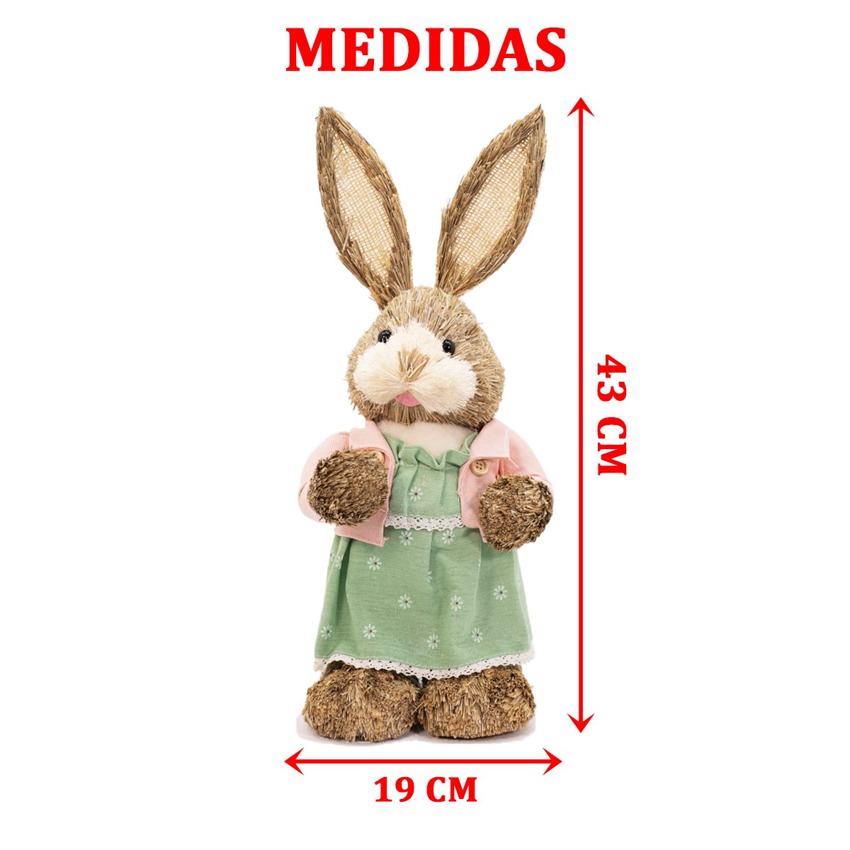 Enfeite Coelhinha de Páscoa Coelha Em Palha Artesanal 43cm
