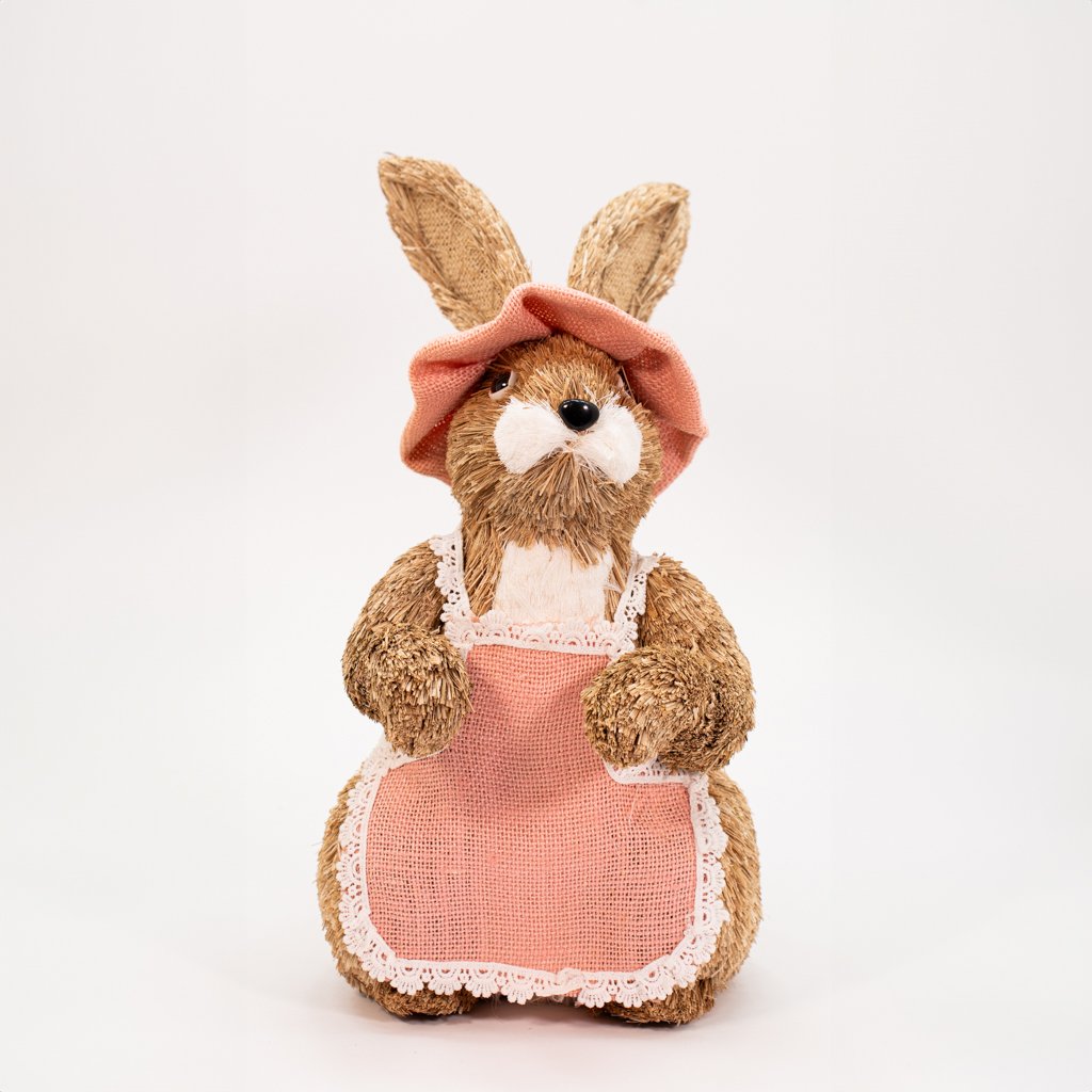 Enfeite Coelhinho de Páscoa Rosa Em Palha Artesanal 31cm