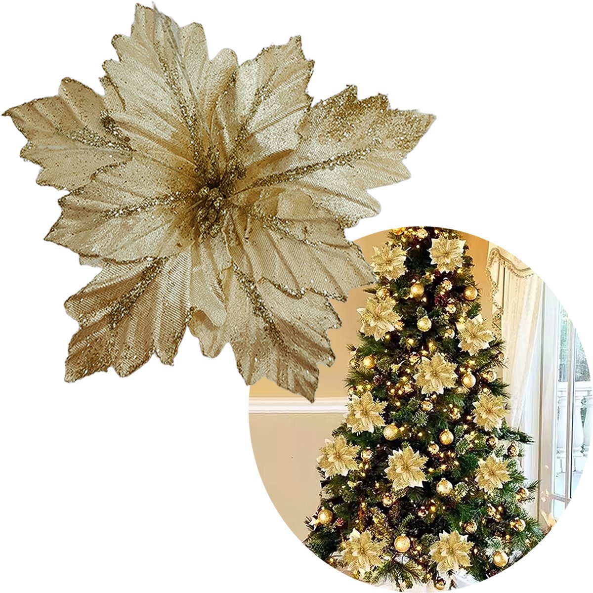 Flores Brilhantes Dourada Decoração Natal De 40cm Kit 10pçs