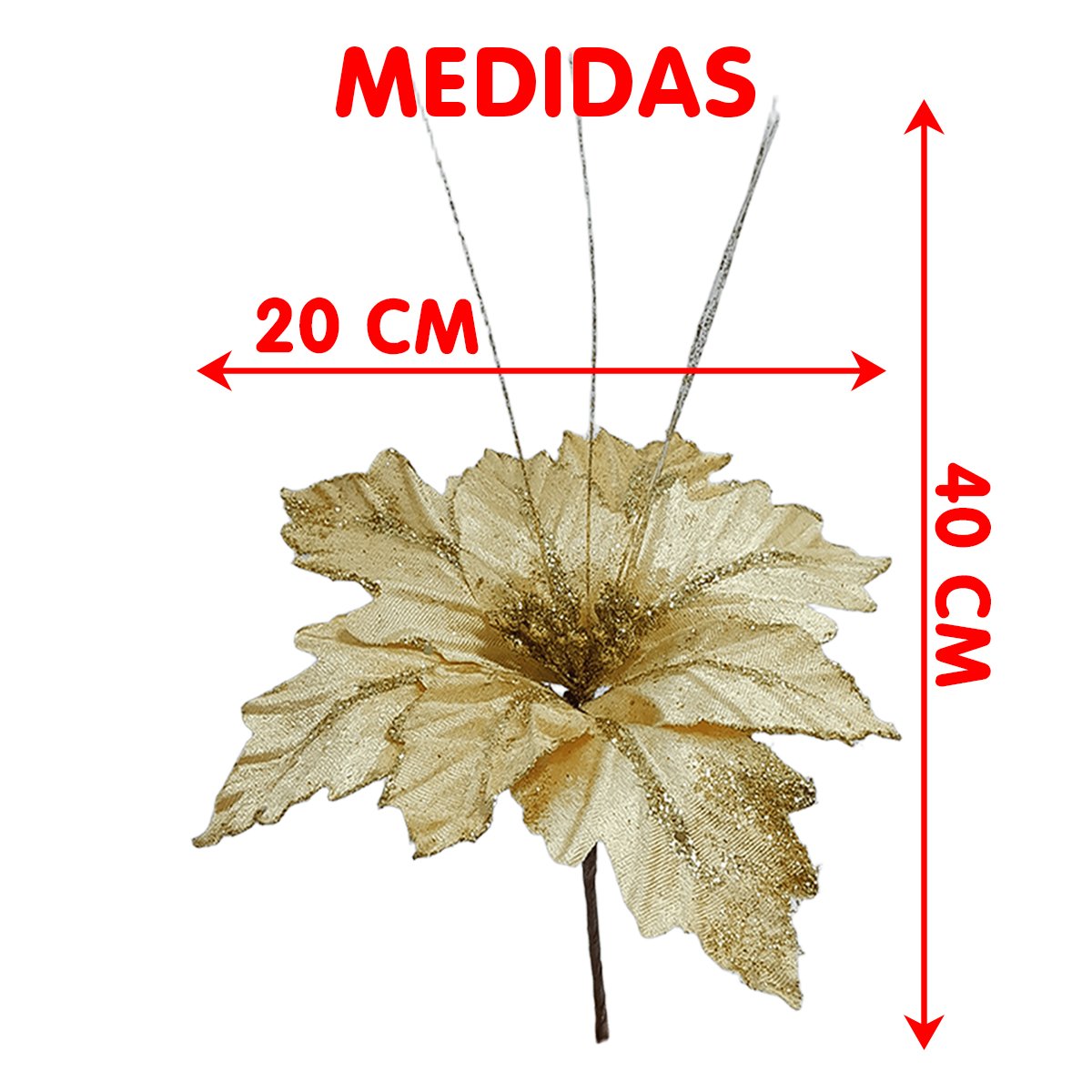 Flores Brilhantes Dourada Decoração Natal De 40cm Kit 6pçs