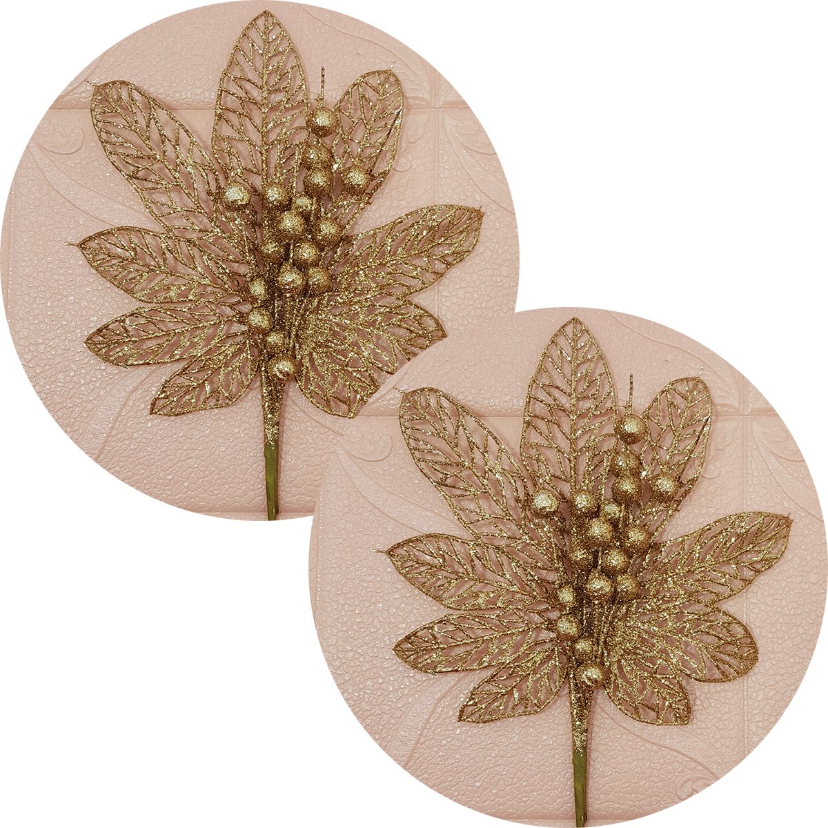 Flores Enfeite Árvore Natal Gliter Dourado De 45cm Kit 10pçs