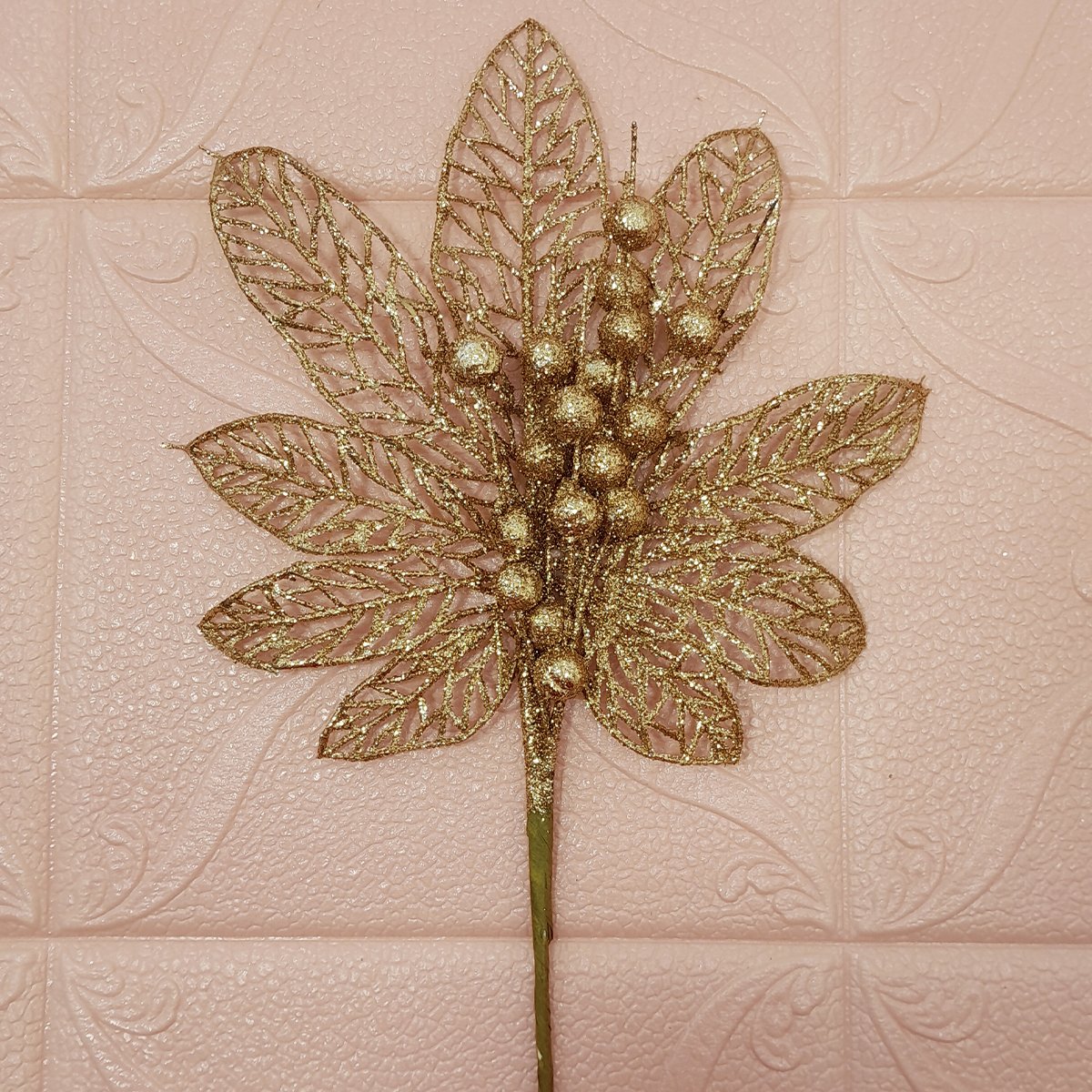 Flores Enfeite Árvore Natal Gliter Dourado De 45cm Kit 12pçs