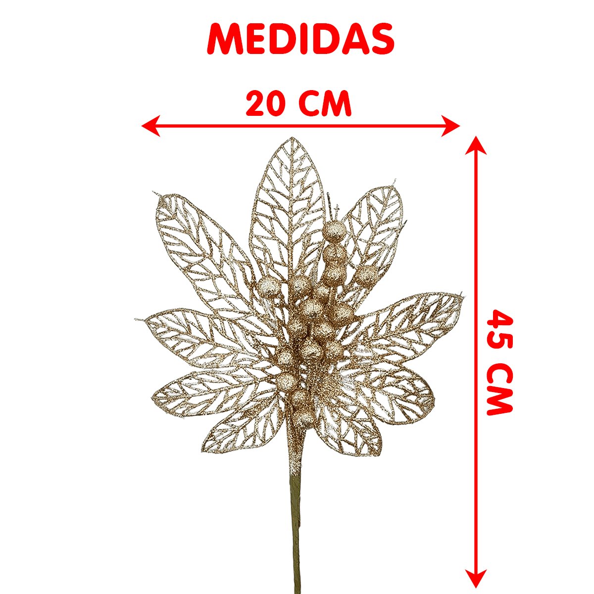 Flores Enfeite Árvore Natal Gliter Dourado De 45cm Kit 6pçs