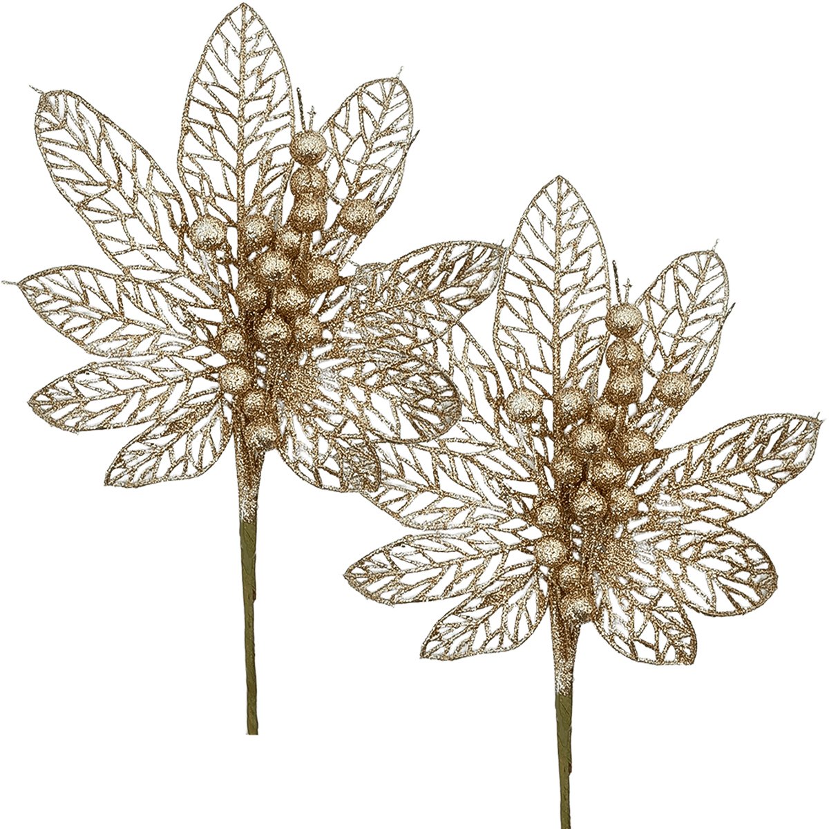 Flores Enfeite Árvore Natal Gliter Dourado De 45cm Kit 8pçs