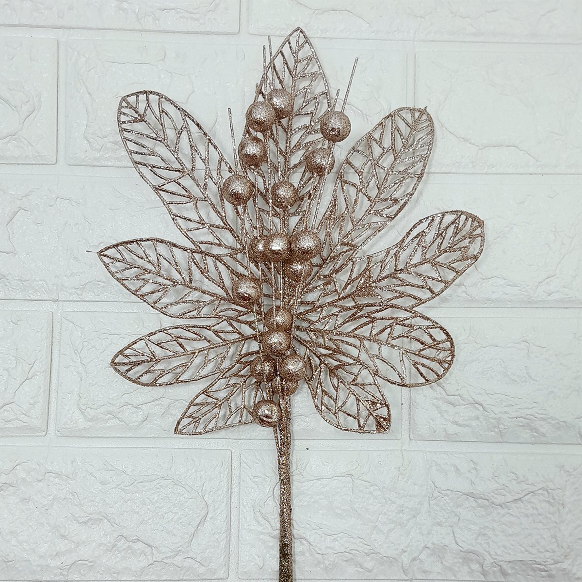 Flores Enfeite Árvore Natal Gliter Rose Gold 45cm Kit 4pçs