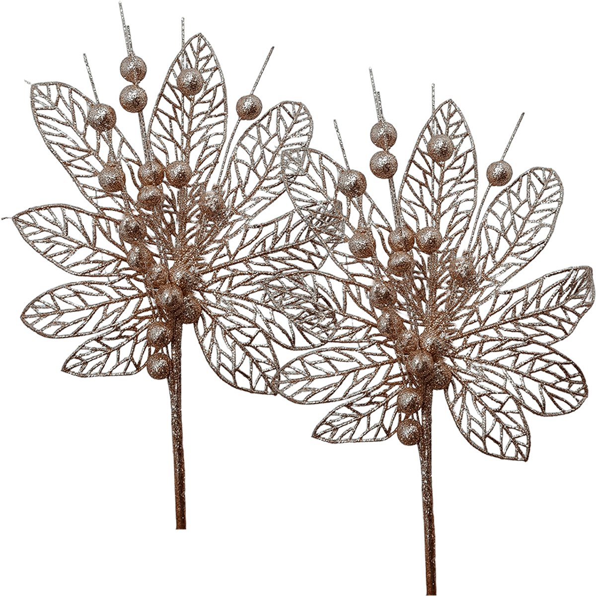 Flores Enfeite Árvore Natal Gliter Rose Gold 45cm Kit 4pçs