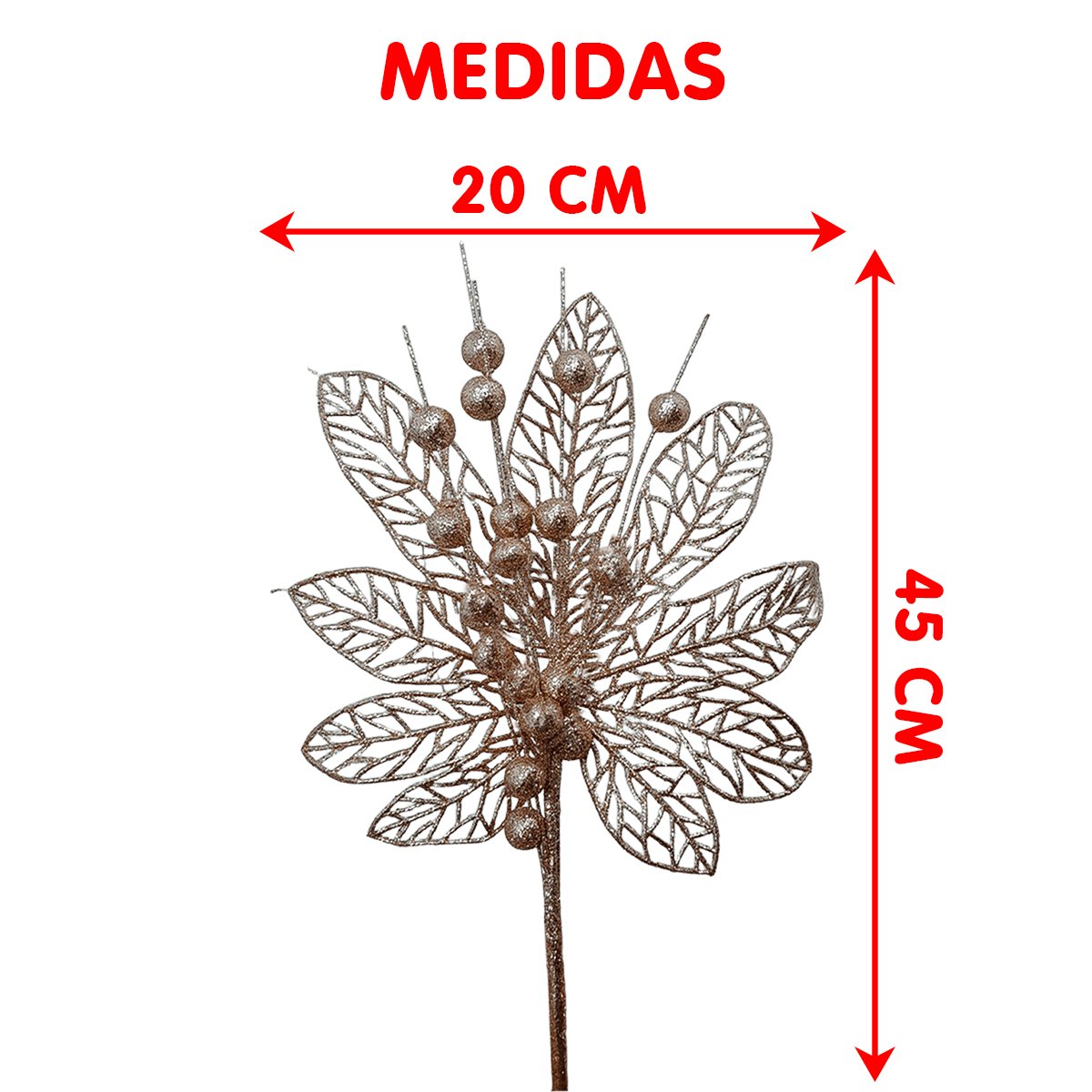 Flores Enfeite Árvore Natal Gliter Rose Gold 45cm Kit 4pçs