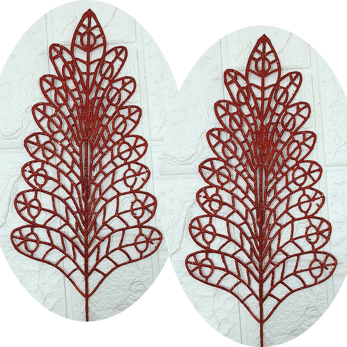 Folhas Flores Árvore Natal Gliter Vermelho De 40cm Kit 6pçs
