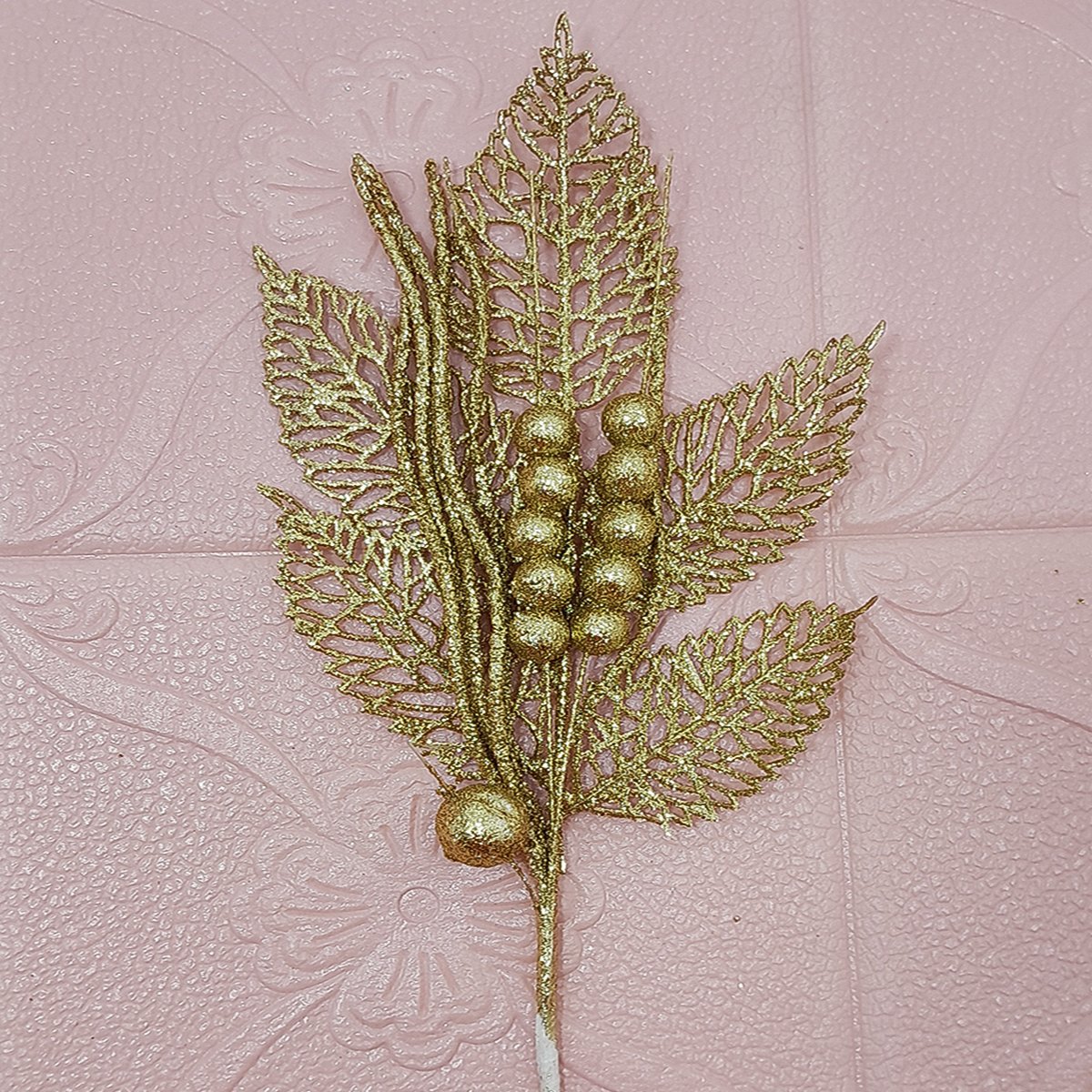 Folhas Flores Enfeite Natal Gliter Dourado De 45cm Kit 12pçs