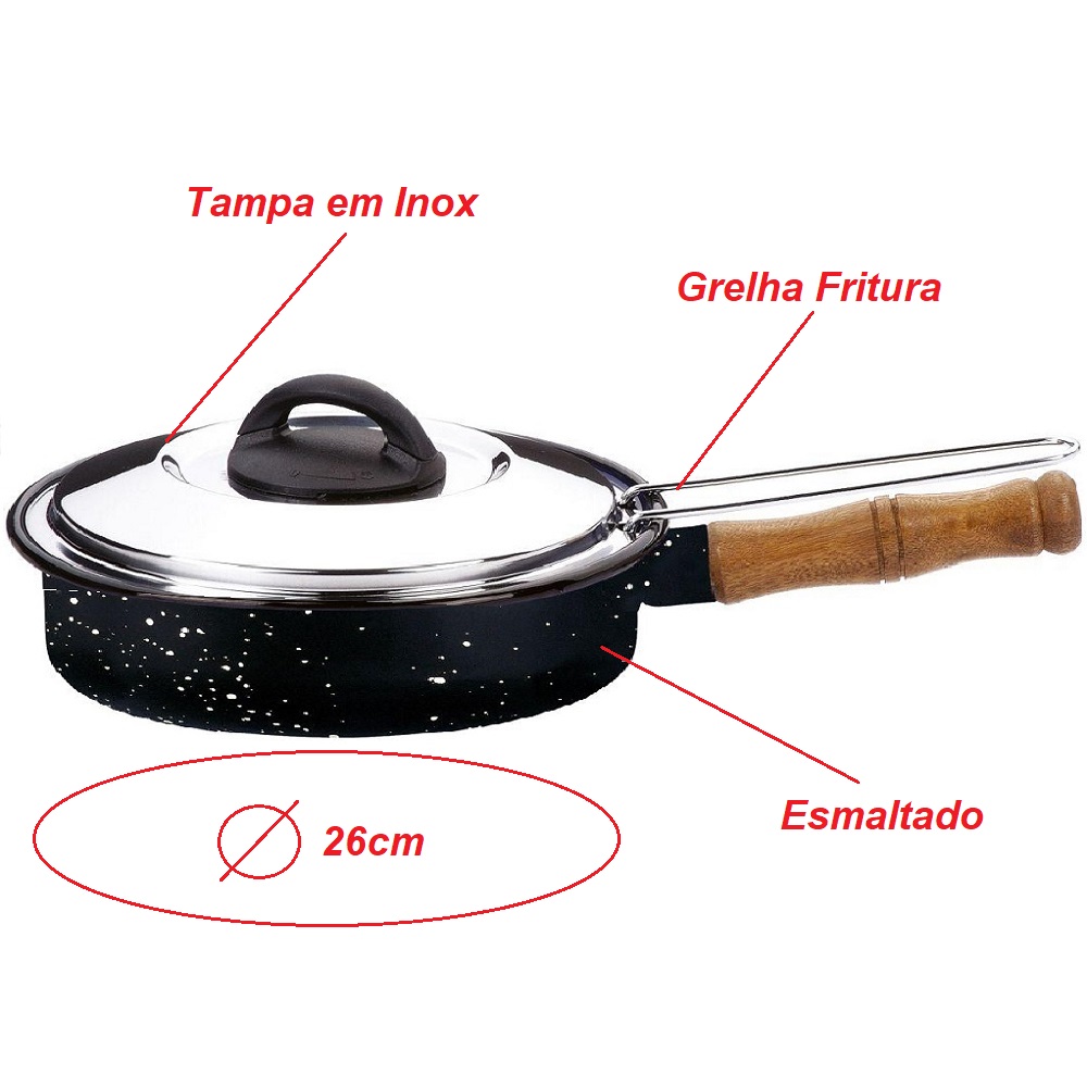 Frigideira Esmaltada com Peneira para Fritura e Tampa 26 