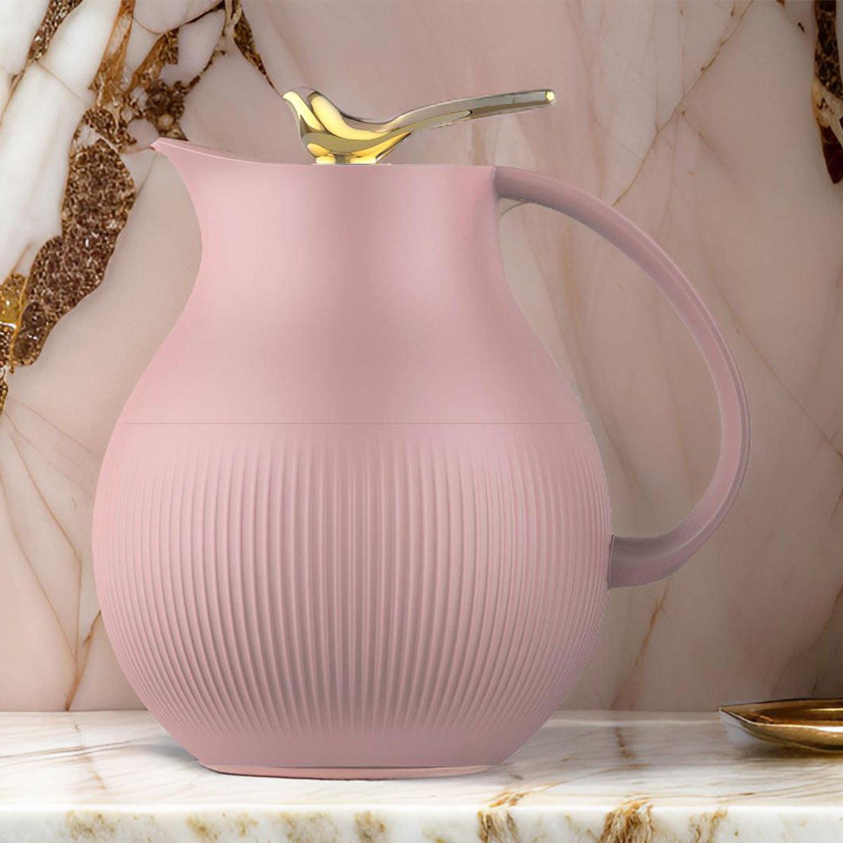 Garrafa Térmica Mesa Pássaro Dourado Rosa Pink Café Leite 1L