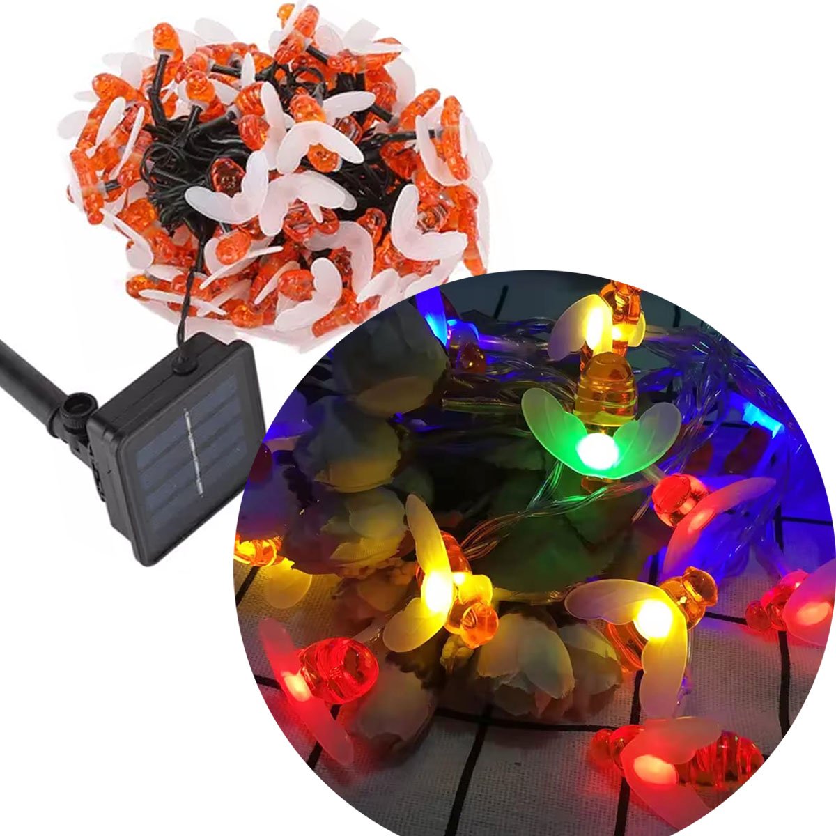 Grinalda Pisca Cordão Solar 20 LEDs Colorido Abelhas De 5M