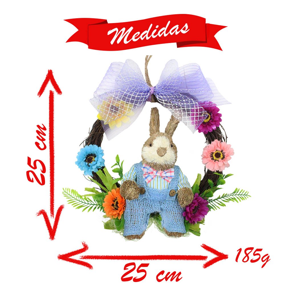 Guirlanda Artesanal Enfeite Páscoa Coelhinho Palha Florida 25cm