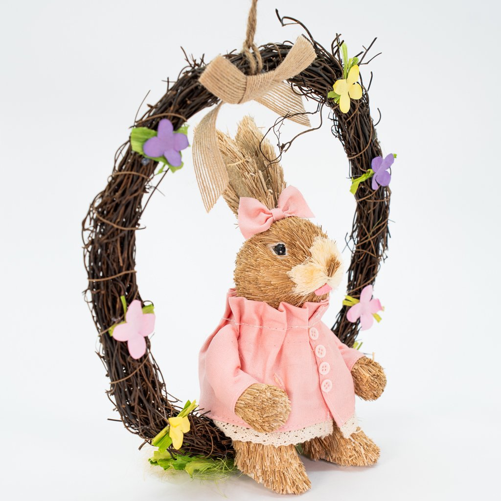 Guirlanda Coelha de Páscoa em Palha Decoração Enfeite 28cm