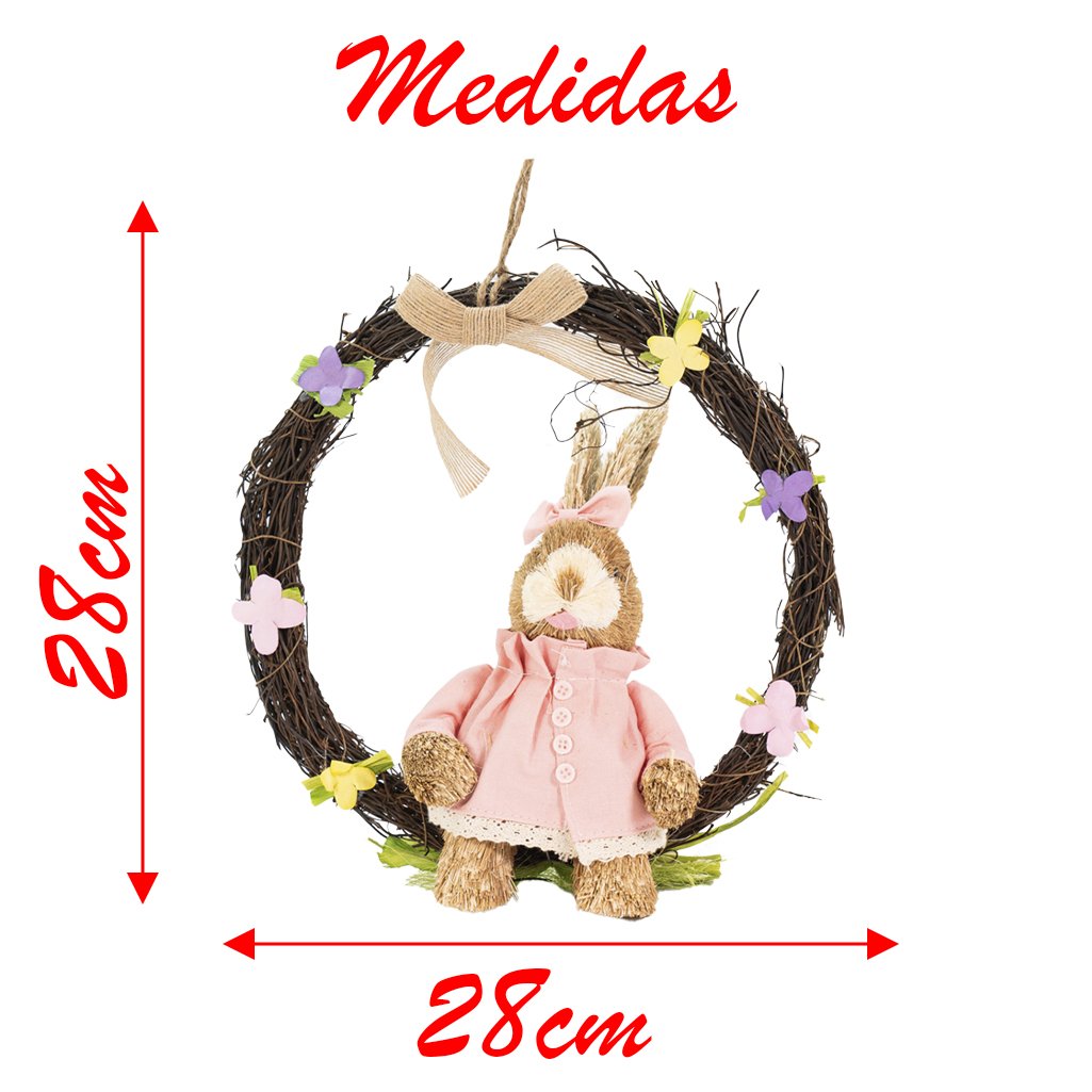 Guirlanda Coelha de Páscoa em Palha Decoração Enfeite 28cm