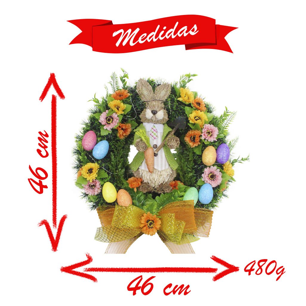 Guirlanda Enfeite Páscoa Coelhinho Palha Cenoura  46cm
