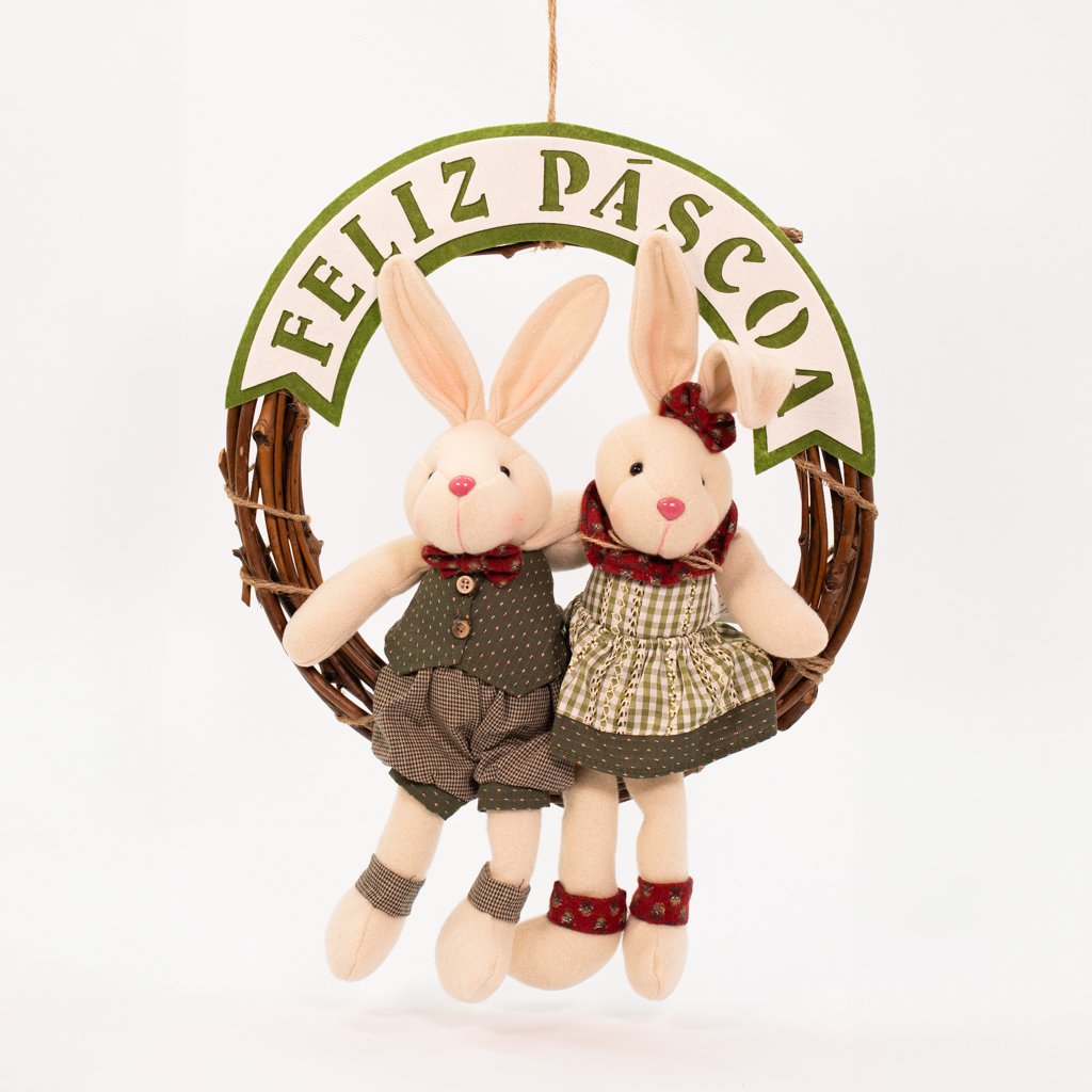 Guirlanda de Páscoa Casal de Coelhos Enfeite Decorativo 40x36cm