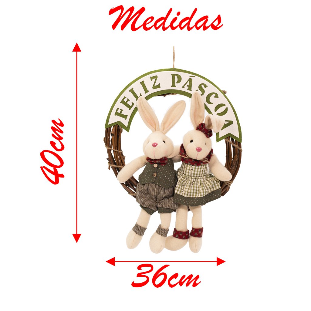 Guirlanda de Páscoa Casal de Coelhos Enfeite Decorativo 40x36cm