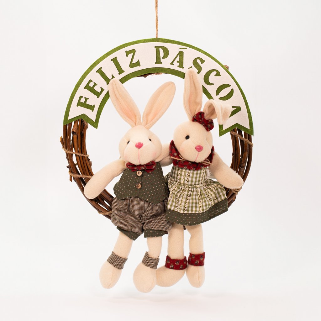 Guirlanda de Páscoa Casal de Coelhos Enfeite Decorativo 40x36cm