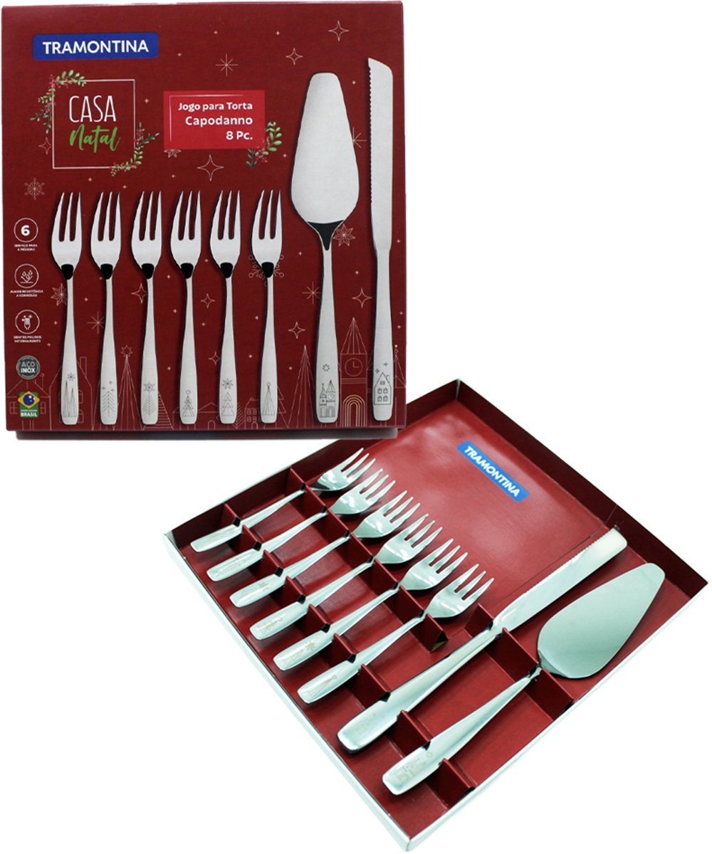 Jogo Para Torta Talheres Natalino Tramontina Inox Natal 8Pçs