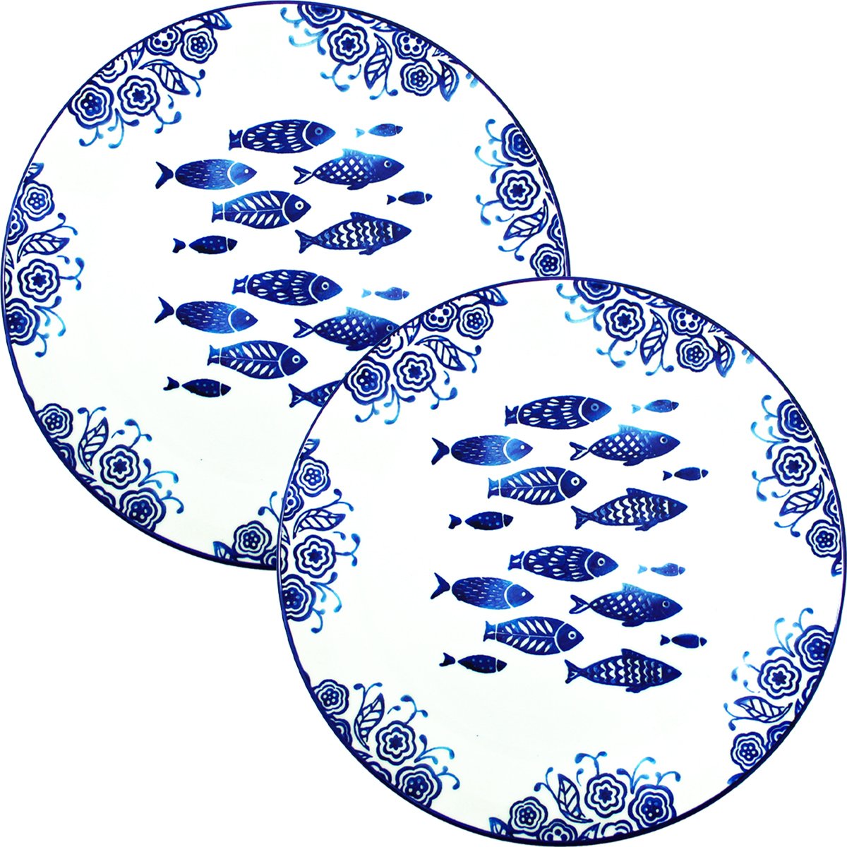 Jogo Prato Raso Jantar 10 Pessoas 10Pçs Peixe Praia Mar 26cm