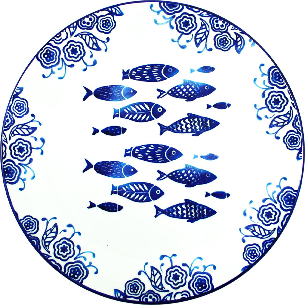 Jogo Prato Raso Jantar 10 Pessoas 10Pçs Peixe Praia Mar 26cm