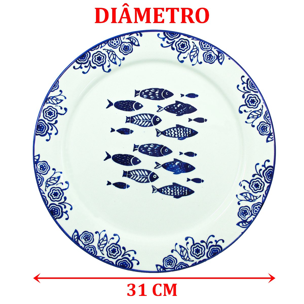 Jogo Prato Raso Jantar 10 Pessoas 10Pçs Peixe Praia Mar 31cm