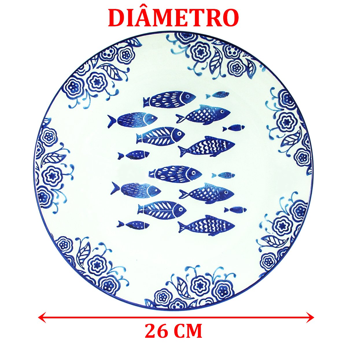 Jogo Prato Raso Jantar 8 Pessoas 8Pçs Peixe Praia Mar 26cm