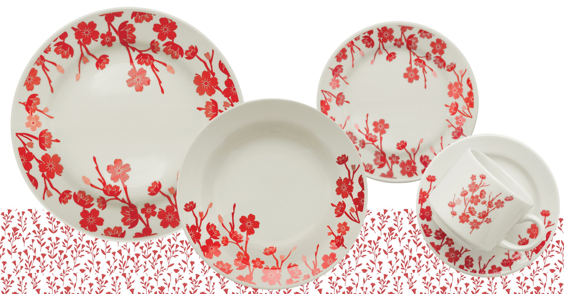 Jogo Pratos Rasos Fundos e Sobremesa 24 Peças Donna Jardim Oriental Oxford® Cerâmica