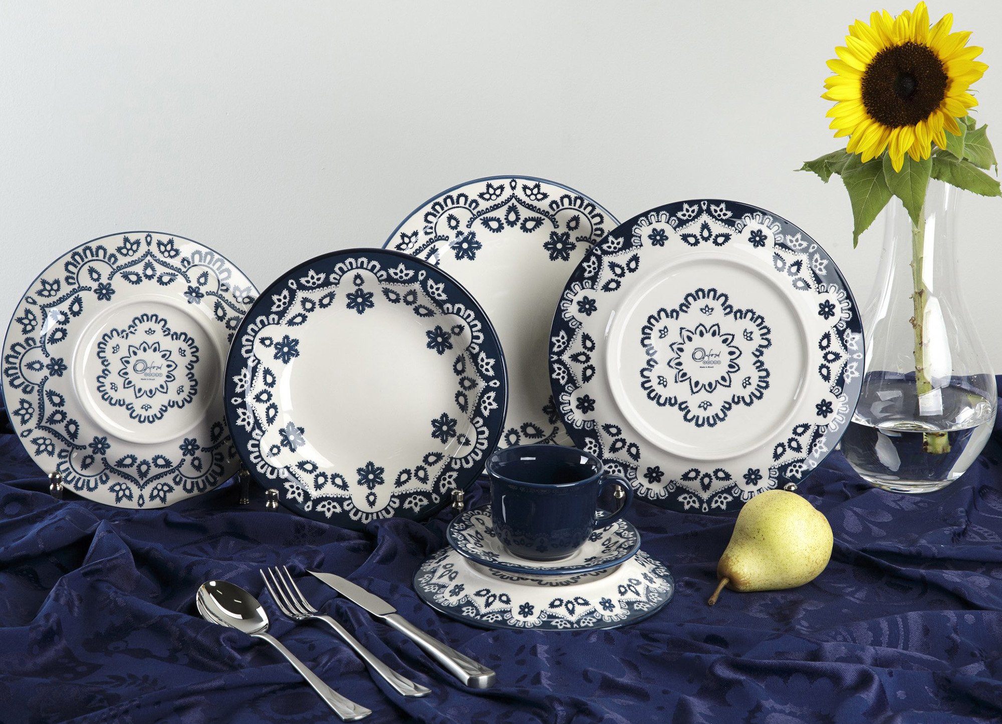 Kit 12 Pratos Sobremesa Lanche Floreal Energy Floral Oxford® Cerâmica Dupla Estampa 20cm