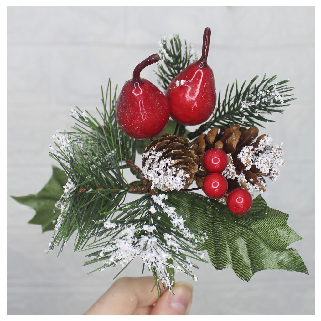 Kit 12 Ramos Pera Decoração Natal Artificial Com Detalhes Branco 17cm
