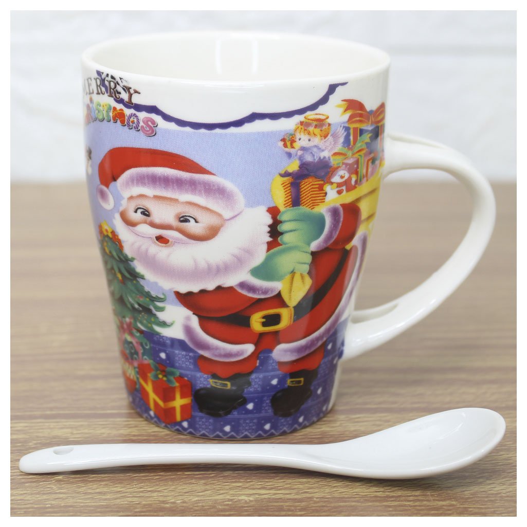 Kit 2 Canecas De Natal Natalina Com Colher Papai Noel Cerâmica 300ml