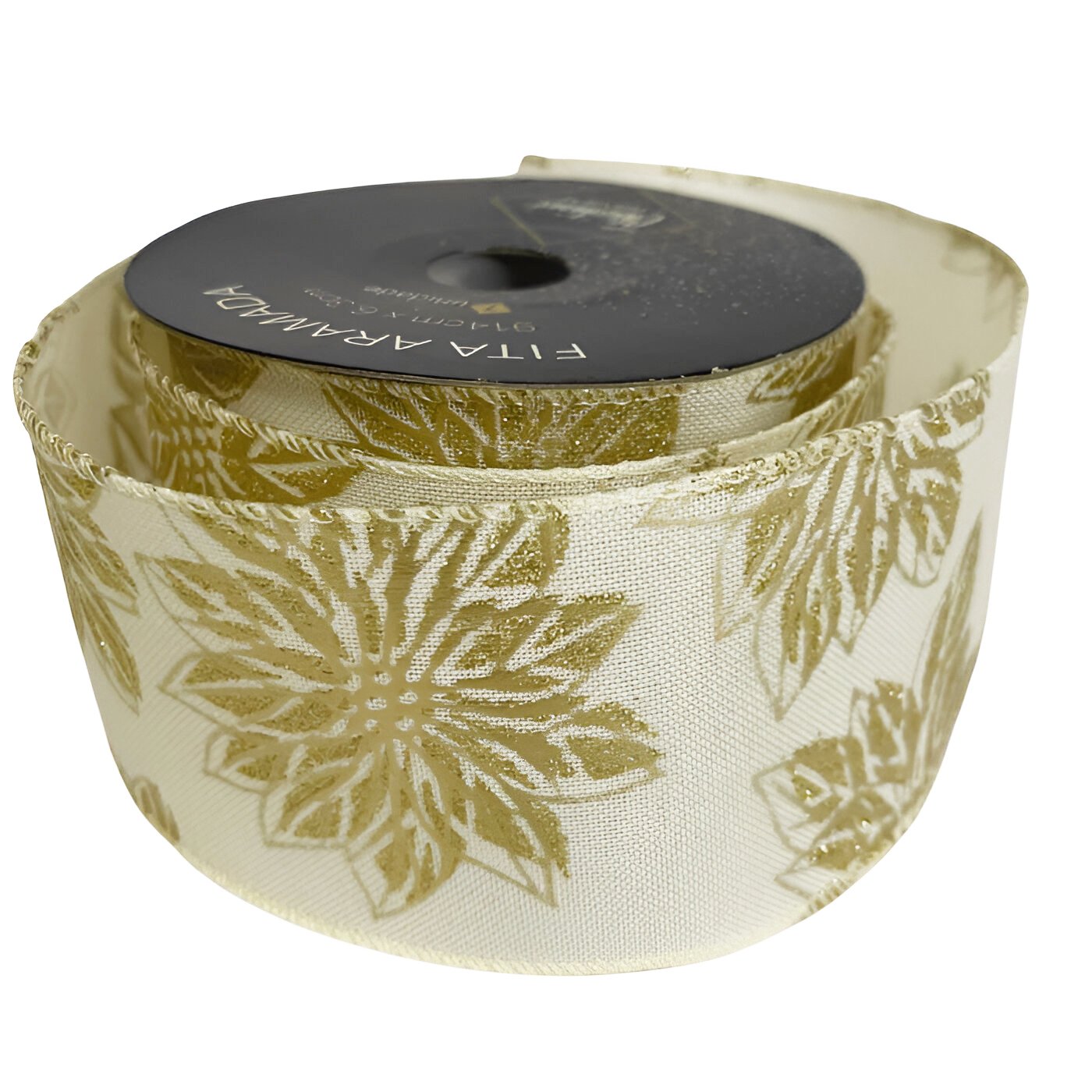 Kit 2 Fita Aramada Natal Flores Dourada Metálico 6,3cm x 914cm
