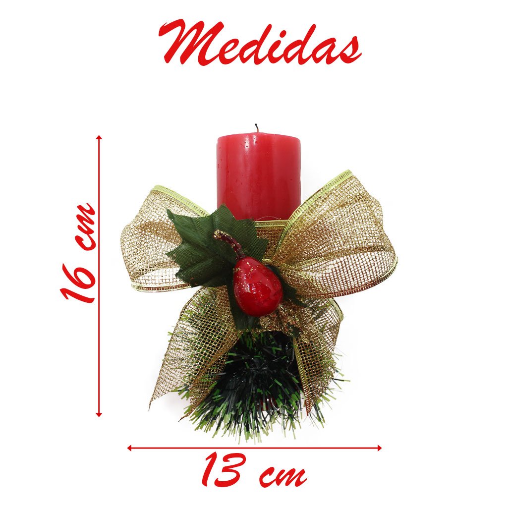 Kit 2 Velas Vermelhas Decorativas Para Natal Com Laço Dourado e Fruta