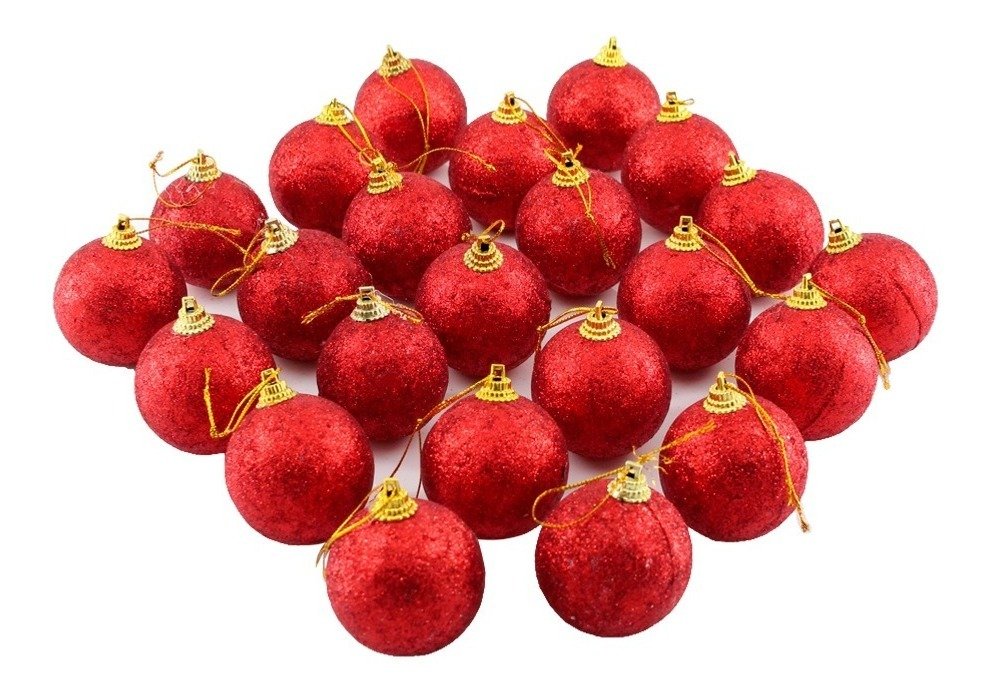 Kit 24 Bolas Enfeite Árvore Natal Vermelha Glitter 4,8cm