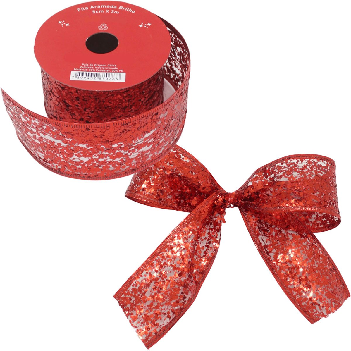 Kit 4 Fitas Aramada Gliter Vermelho Enfeite Natalino 5cm 3M