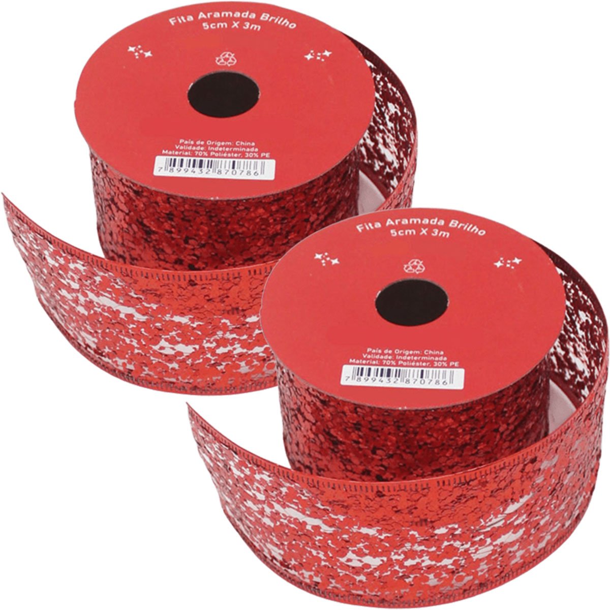 Kit 4 Fitas Aramada Gliter Vermelho Enfeite Natalino 5cm 3M