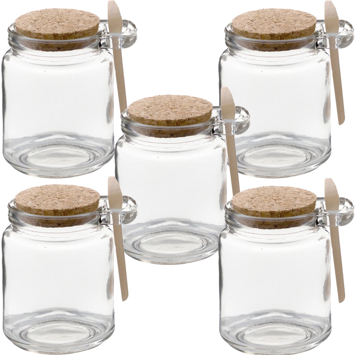 Kit 5 Pote Vidro Borossilicato Colher De Madeira Rolha 240ml