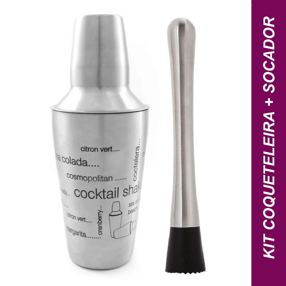 Kit Caipirinha Coqueteleira e Socador Inox 500ml 
