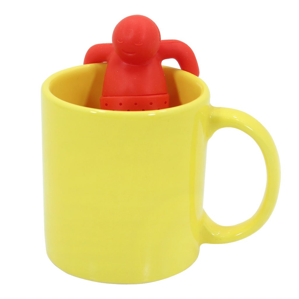 Kit Caneca Arredondada Colours Amarelo Cerâmica 330ml E Boneco Infusor de Chá Silicone