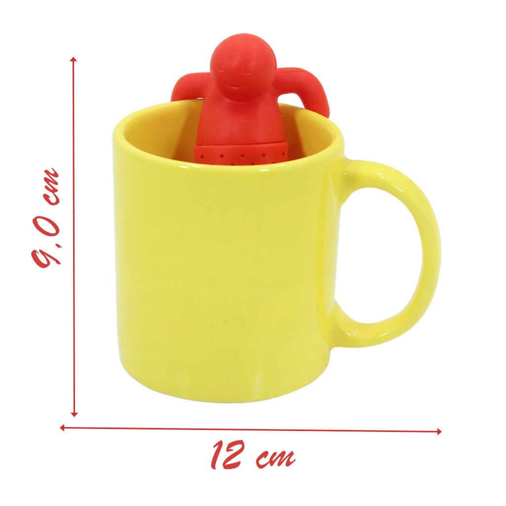 Kit Caneca Arredondada Colours Amarelo Cerâmica 330ml E Boneco Infusor de Chá Silicone
