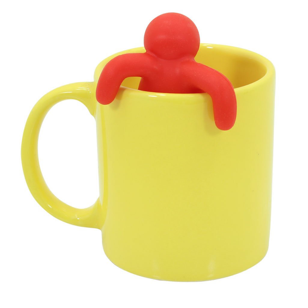 Kit Caneca Arredondada Colours Amarelo Cerâmica 330ml E Boneco Infusor de Chá Silicone