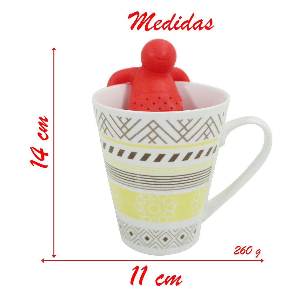 Kit Caneca Geométrica Estampada Cerâmica 330ml E Boneco Infusor de Chá Silicone